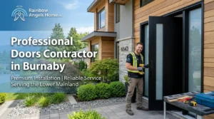 Professional doors contractor in Burnaby installing a modern front entry door by Rainbow Angels Home INC