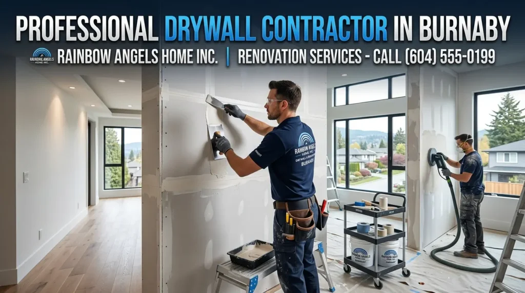 Professional drywall contractor in Burnaby installing and finishing drywall for a residential renovation by Rainbow Angels Home INC