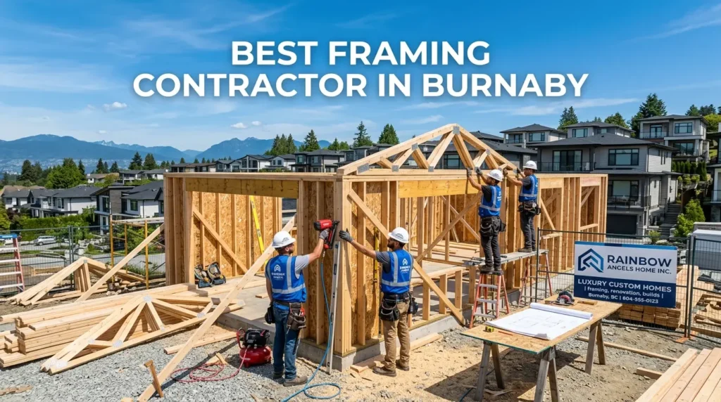 Best Framing Contractor in Burnaby BC by Rainbow Angels Home INC constructing a custom residential home frame.