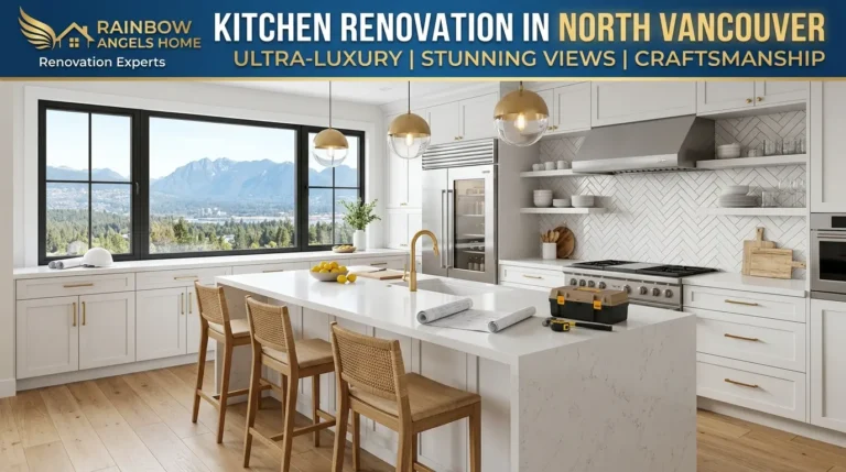 Modern kitchen renovation completed by Rainbow Angels Home in North Vancouver featuring custom cabinets, quartz countertops, and luxury finishes.