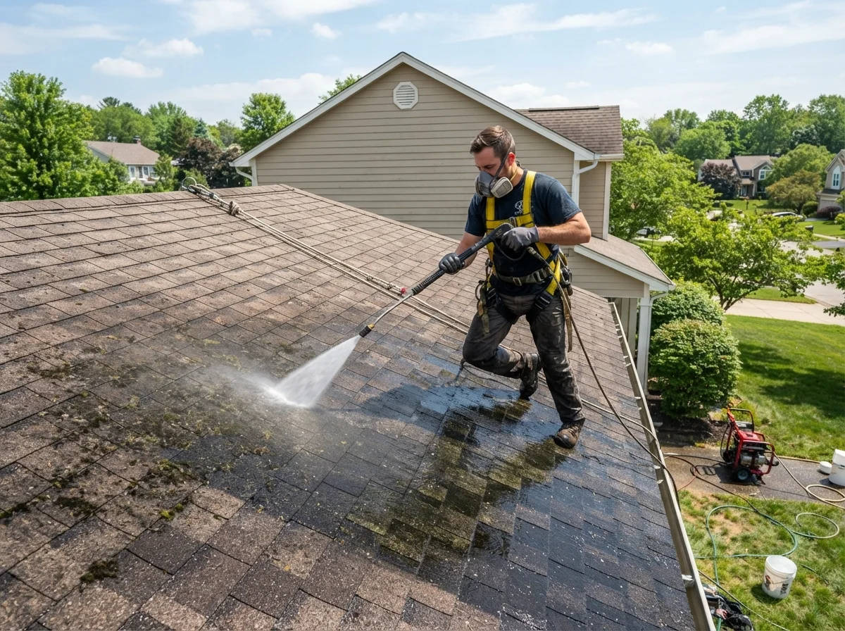 Roof power washing in Vancouver removing moss algae and black stains