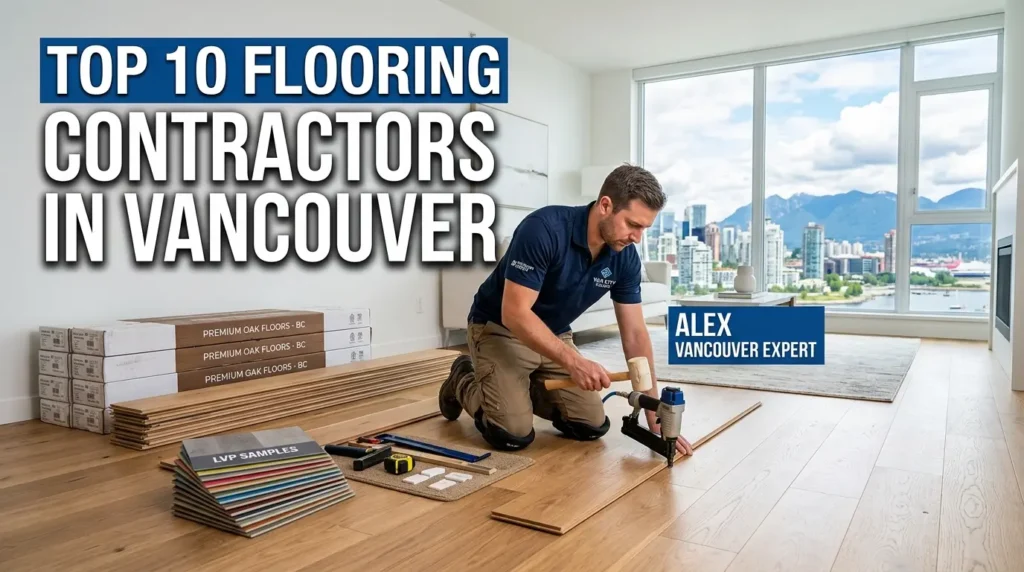Professional flooring contractor installing hardwood flooring in a modern Vancouver home