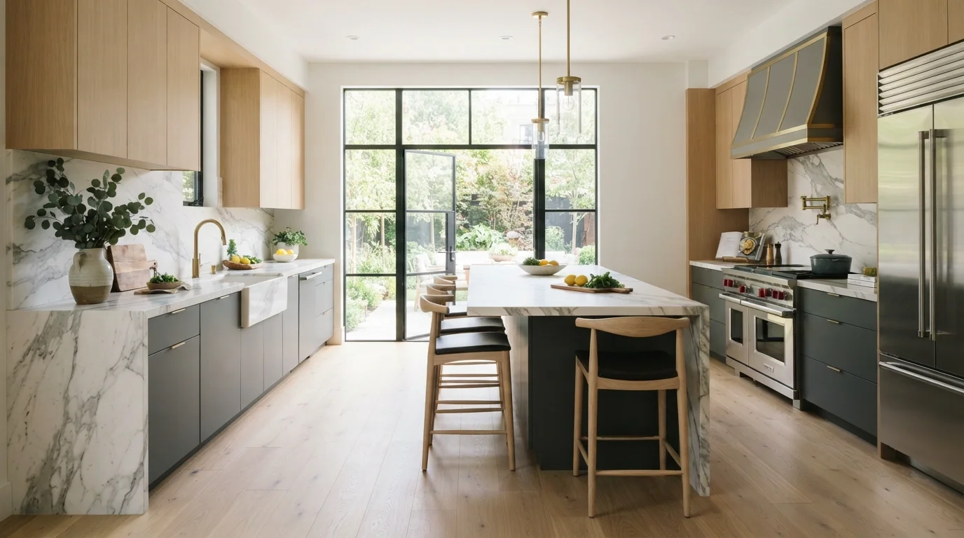 Kitchen flooring installation in Vancouver with luxury vinyl and hardwood.