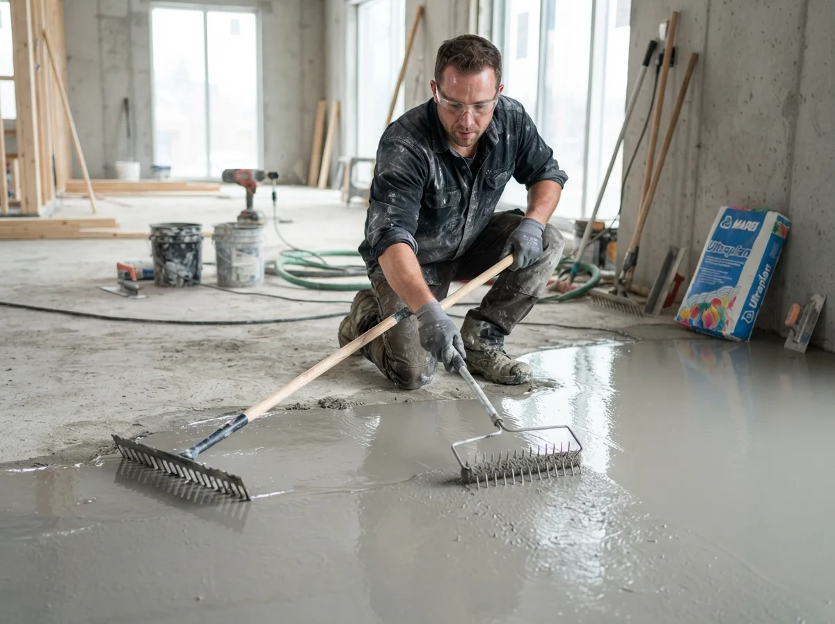 Subfloor preparation and leveling before flooring installation in Vancouver.
